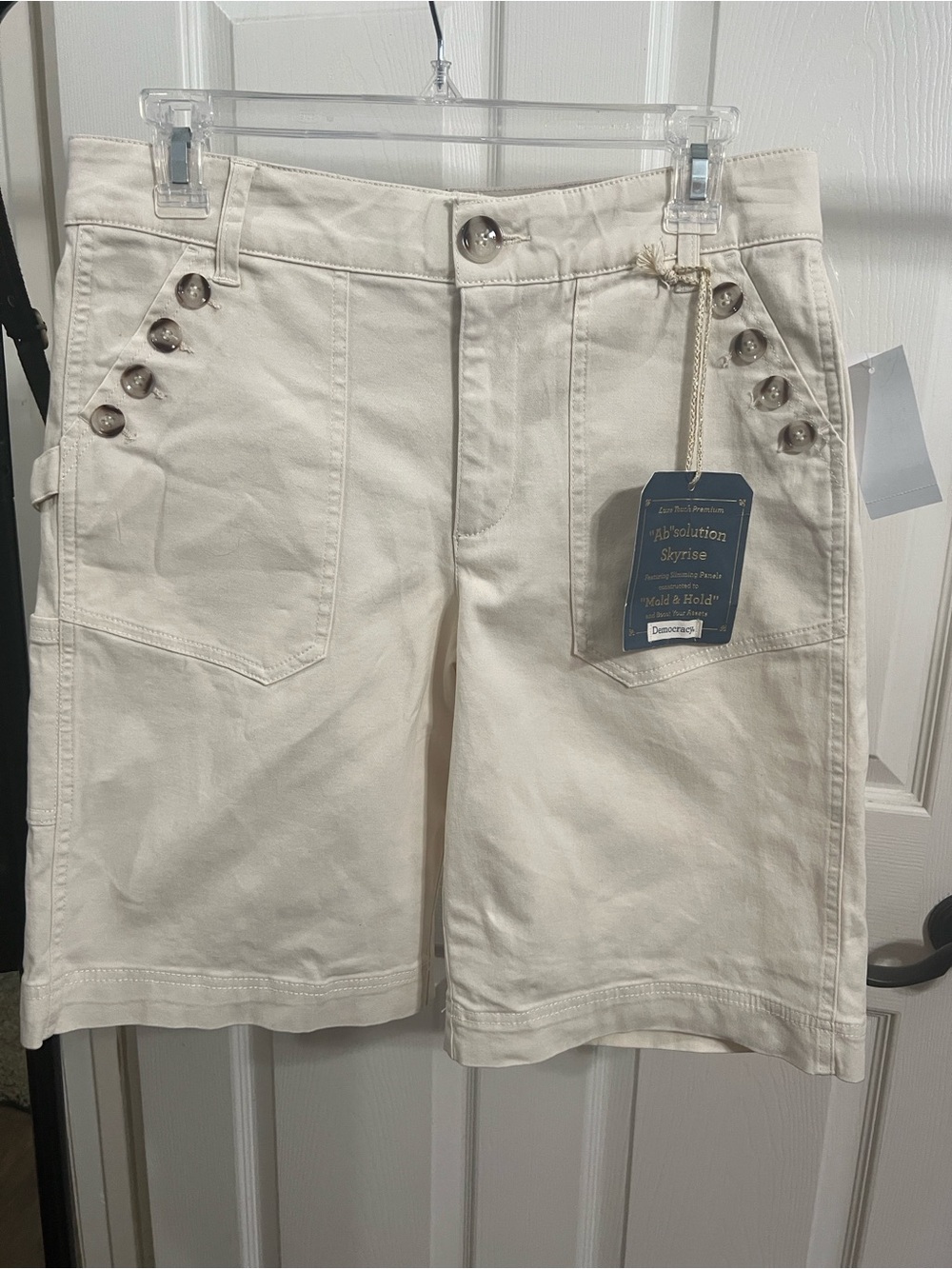 Democracy High Waist Cream Utility Shorts with Button Accents